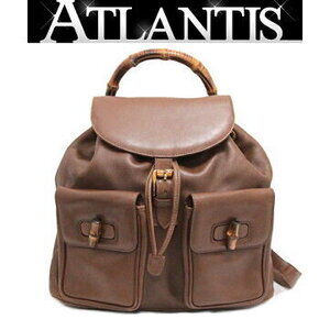 Gucci Bamboo Backpack Double Pockets Brown Leather